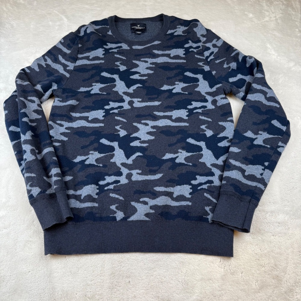 American Eagle Outfitters Mens Camo Crewneck Sweater M Blue‎ Gray Cotton Casual